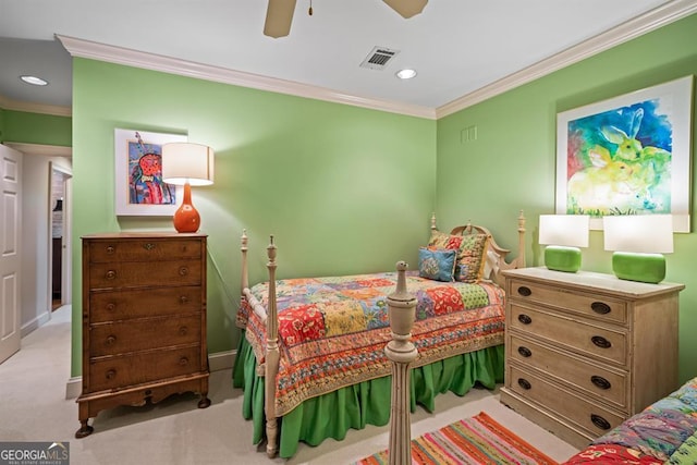 bedroom featuring ceiling fan, crown molding, and light colored carpet