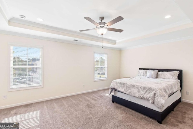 carpeted bedroom featuring a tray ceiling and multiple windows