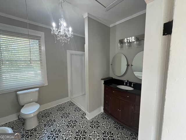 bathroom with tile patterned flooring, a bath, a notable chandelier, toilet, and ornamental molding