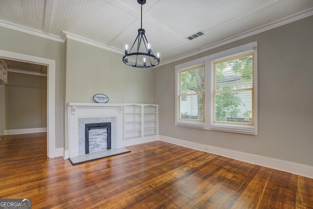 31 N Broad St, Porterdale, GA 30014 - unfurnished living room featuring crown molding, hardwood / wood-style floors, a chandelier, baseboards, and a premium fireplace
