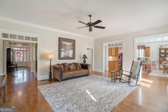 living room featuring wood-type flooring, ceiling fan, and crown molding