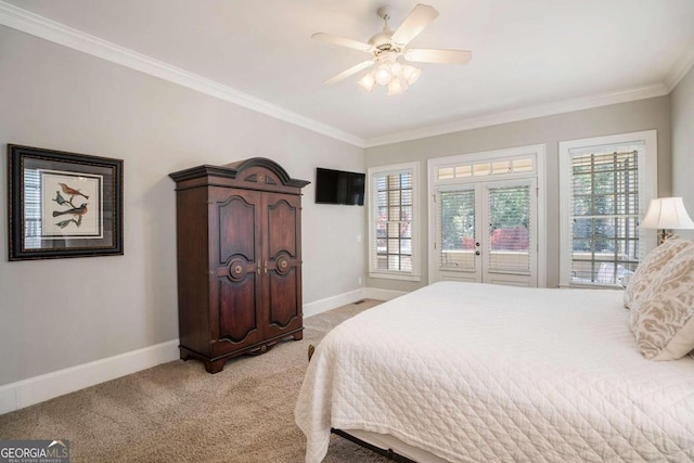 bedroom featuring ceiling fan, light colored carpet, ornamental molding, and multiple windows