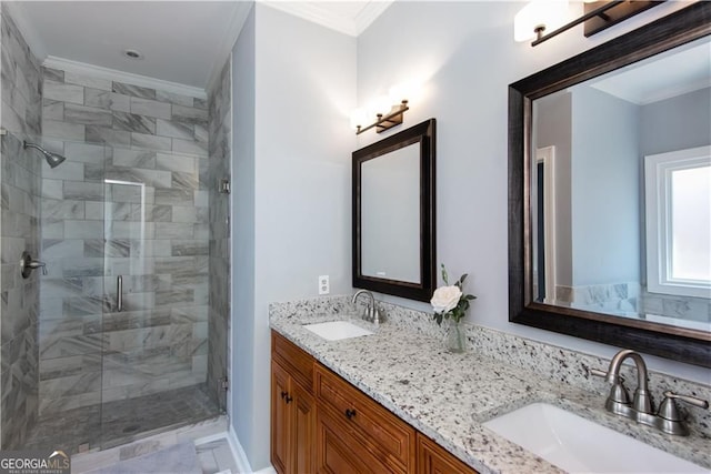 bathroom with vanity, ornamental molding, and walk in shower