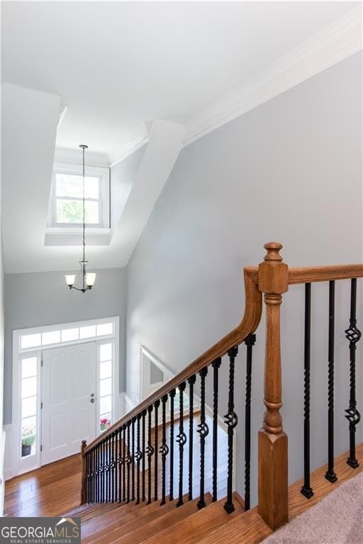 foyer with wood-type flooring, an inviting chandelier, and crown molding