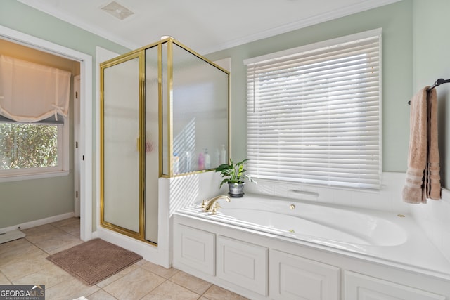 bathroom with tile patterned flooring, plus walk in shower, and ornamental molding