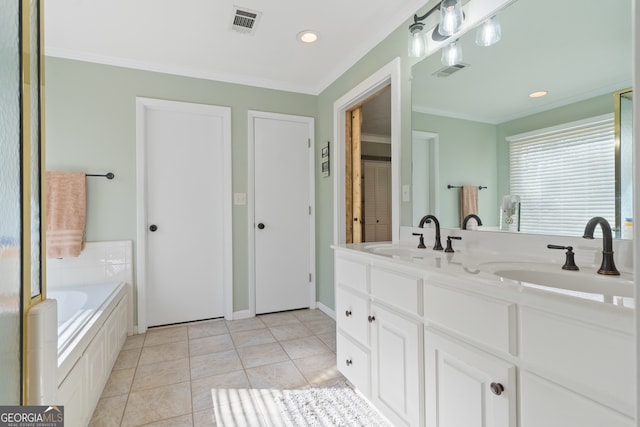 bathroom featuring tile patterned floors, tiled tub, vanity, and ornamental molding