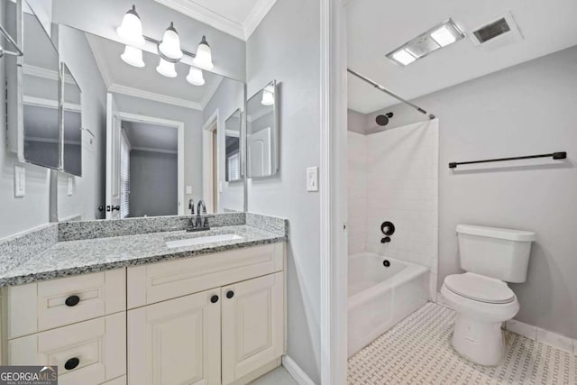 full bathroom with tile patterned flooring, bathing tub / shower combination, toilet, vanity, and ornamental molding