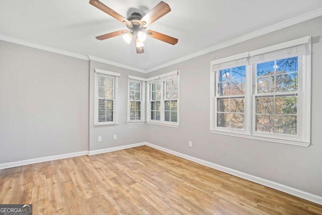 unfurnished room with ceiling fan, light hardwood / wood-style flooring, and crown molding