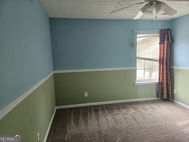 unfurnished room featuring carpet flooring, ceiling fan, and a textured ceiling