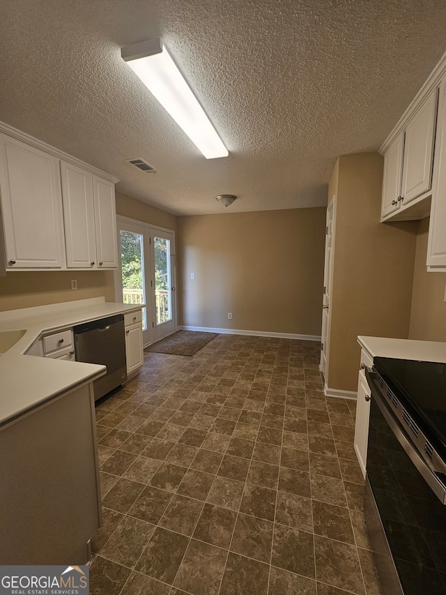 kitchen featuring white cabinetry, dishwasher, black electric range oven, and a textured ceiling