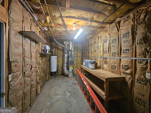 basement featuring heating unit and water heater