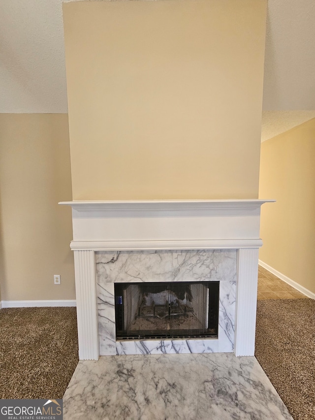 details featuring carpet flooring and a high end fireplace