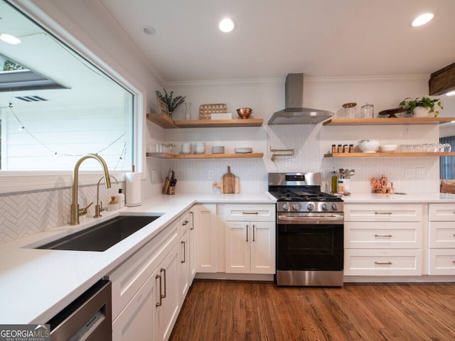 kitchen with decorative backsplash, appliances with stainless steel finishes, wall chimney exhaust hood, sink, and white cabinets