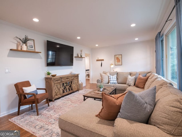 living room featuring hardwood / wood-style floors and crown molding