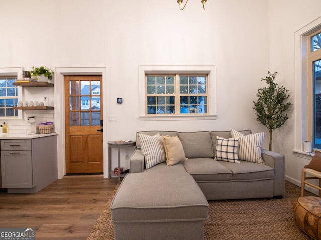 living room featuring a wealth of natural light and dark hardwood / wood-style flooring