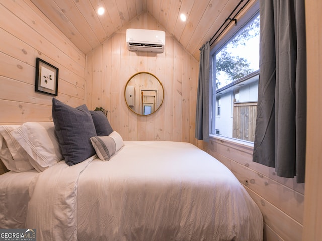 bedroom with a wall mounted AC, wooden walls, wooden ceiling, and lofted ceiling