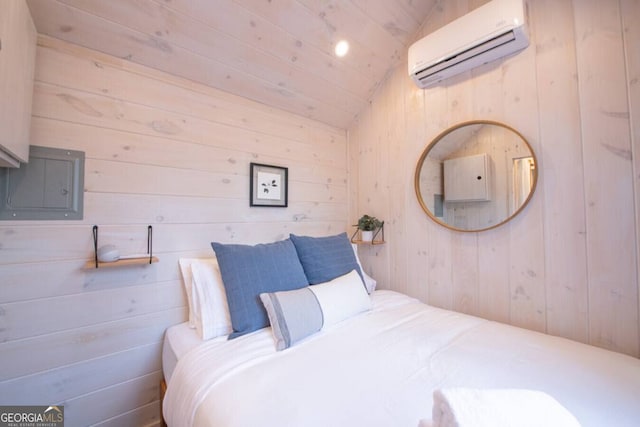 bedroom with electric panel, wooden walls, a wall mounted air conditioner, and vaulted ceiling