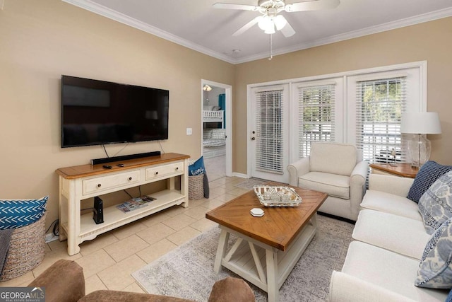 living room with ceiling fan, light tile patterned floors, and ornamental molding