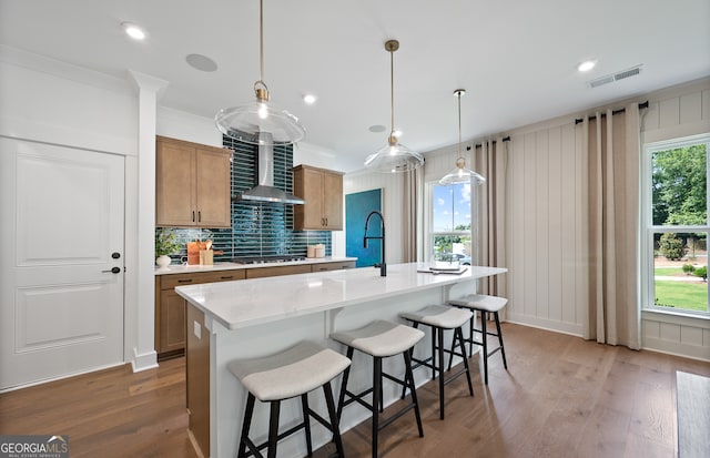 kitchen with pendant lighting, a healthy amount of sunlight, wood-type flooring, and a kitchen island with sink