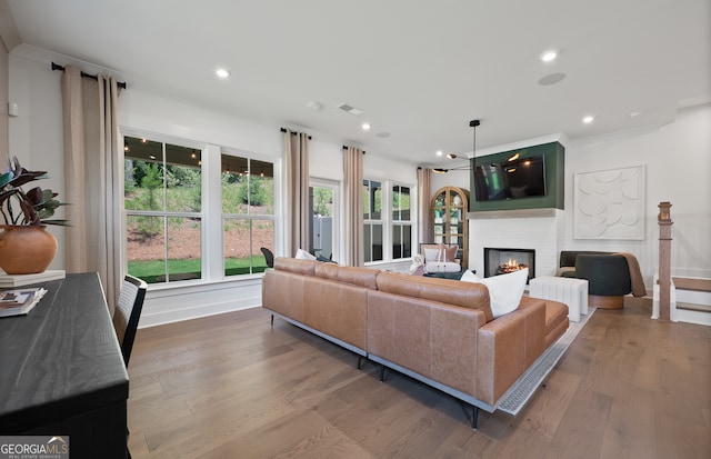 living room with wood-type flooring and ornamental molding