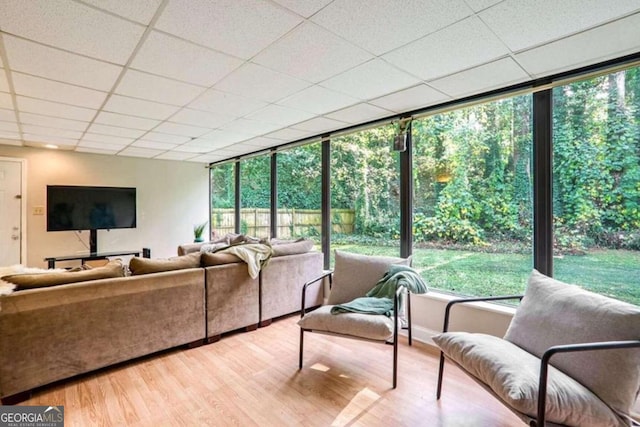 living room with hardwood / wood-style flooring and a drop ceiling