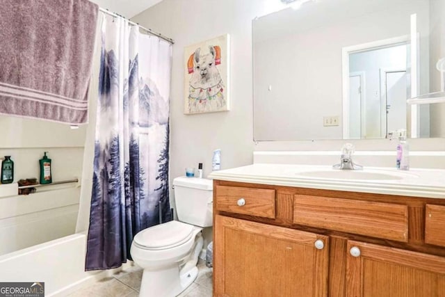 full bathroom featuring tile patterned flooring, vanity, shower / bath combination with curtain, and toilet