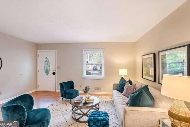 living room with light hardwood / wood-style flooring