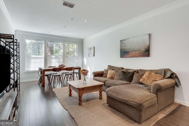 living room featuring dark hardwood / wood-style flooring, crown molding, and a textured ceiling