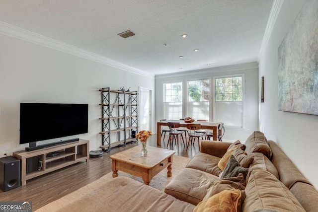 living room featuring crown molding, hardwood / wood-style flooring, and a textured ceiling