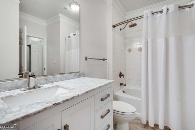 full bathroom with tile patterned floors, toilet, ornamental molding, vanity, and shower / bath combo