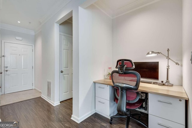 office area featuring crown molding and dark wood-type flooring