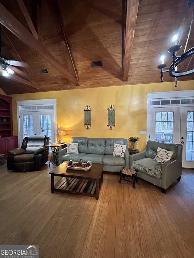 living room featuring a healthy amount of sunlight, french doors, beam ceiling, wood-type flooring, and wood ceiling