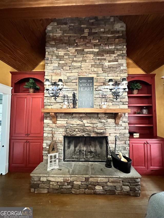 details featuring hardwood / wood-style floors, wood ceiling, and a fireplace