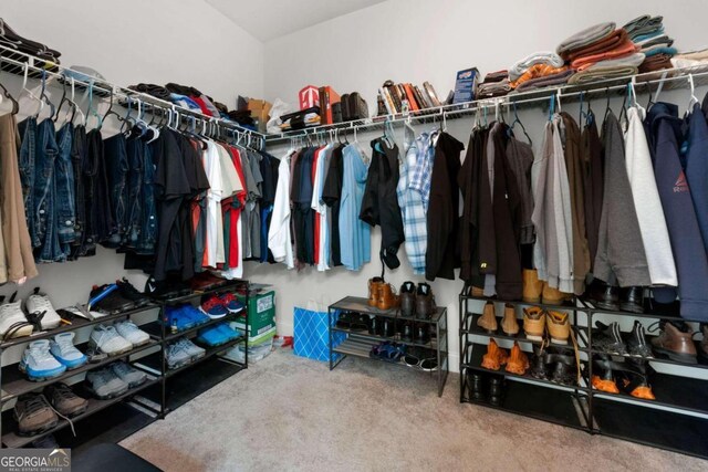 walk in closet with carpet