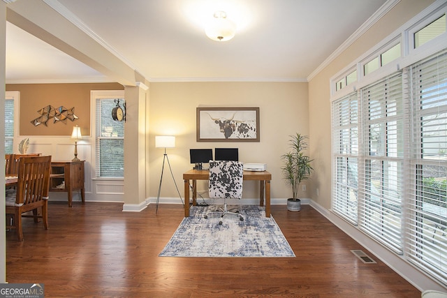 office featuring ornamental molding and dark hardwood / wood-style flooring