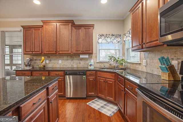 kitchen with dark stone countertops, appliances with stainless steel finishes, sink, and a wealth of natural light