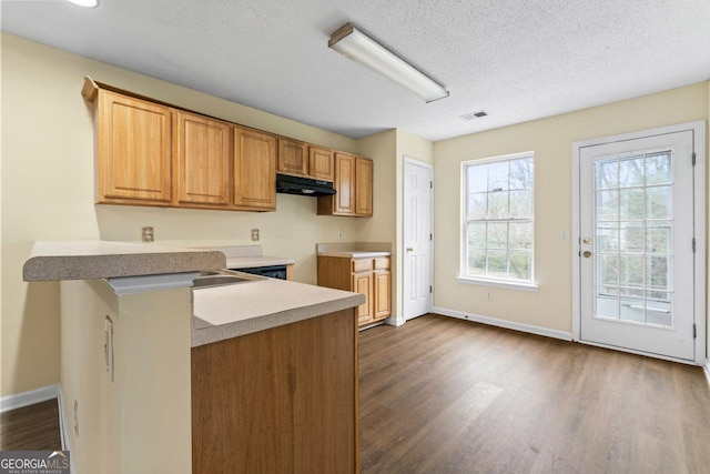 kitchen with baseboards, visible vents, dark wood-style floors, a textured ceiling, and under cabinet range hood