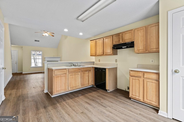 kitchen featuring a sink, a peninsula, wood finished floors, dishwasher, and under cabinet range hood