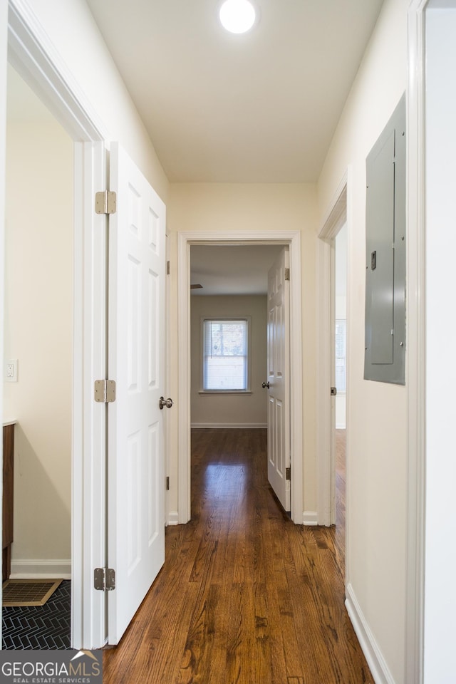 hallway featuring electric panel and dark wood-type flooring