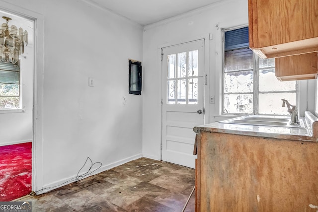 kitchen with a wealth of natural light, sink, and crown molding