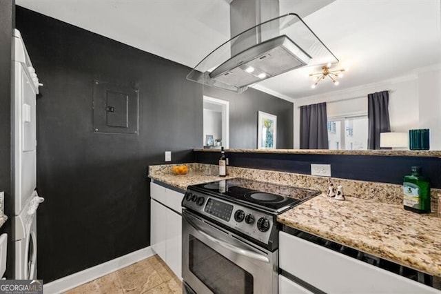 kitchen featuring ventilation hood, baseboards, ornamental molding, stainless steel electric range, and white cabinetry