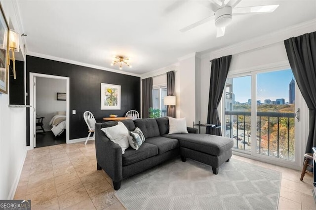 living area featuring a city view, crown molding, light tile patterned floors, and baseboards