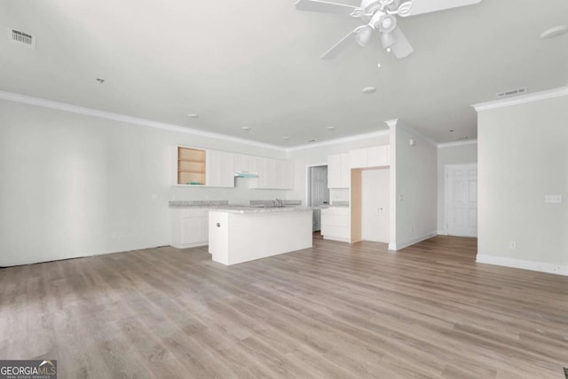 2005 Washington St, Savannah, GA 31406 - unfurnished living room with crown molding, ceiling fan, light wood-type flooring, a sink, and baseboards