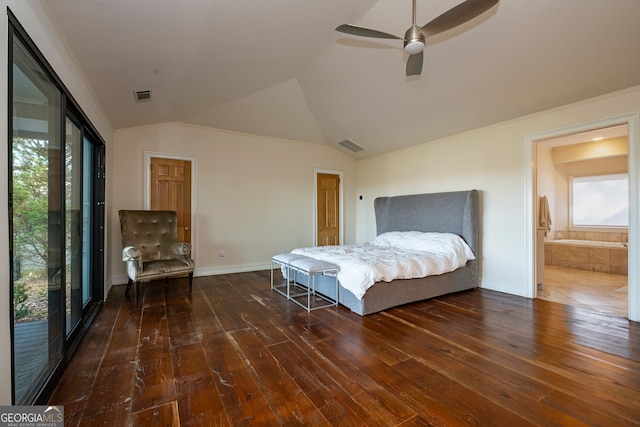 bedroom featuring lofted ceiling, access to outside, ensuite bathroom, ceiling fan, and dark hardwood / wood-style flooring