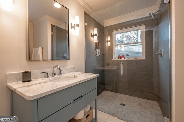 bathroom with tile patterned flooring, vanity, an enclosed shower, and ornamental molding