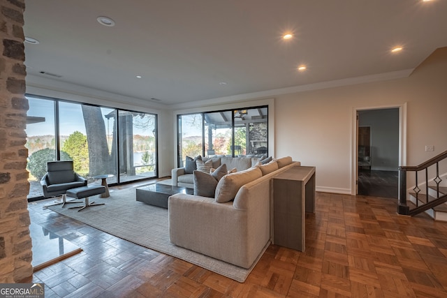 living room featuring parquet flooring