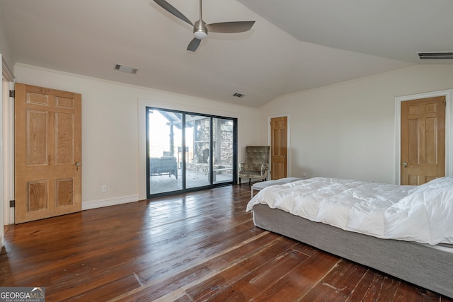 bedroom with access to outside, vaulted ceiling, ceiling fan, and dark hardwood / wood-style floors