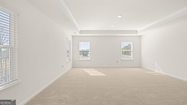 spare room featuring baseboards, a raised ceiling, and carpet