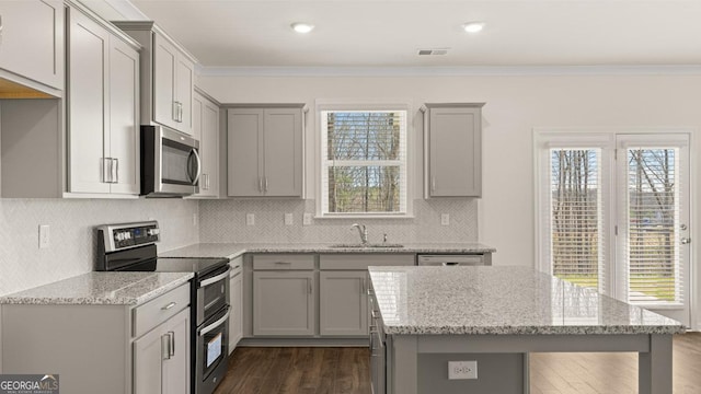 kitchen with a sink, dark wood finished floors, gray cabinetry, and stainless steel appliances
