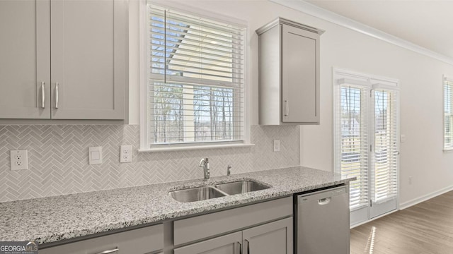 kitchen featuring gray cabinetry, dishwasher, a sink, and backsplash